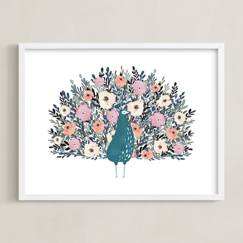 This is a peacock blue kids wall art with standard by Afton Harding called peacock blooming love