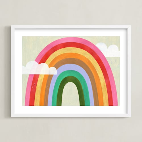 This is a ruby red kids wall art with standard by melanie mikecz called rainbow & clouds