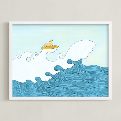 This is a sea blue kids wall art with standard by Helen H Wu called dog surfing