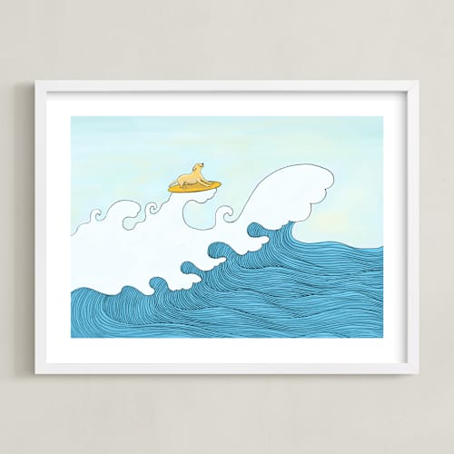 This is a sea blue kids wall art with standard by Helen H Wu called dog surfing