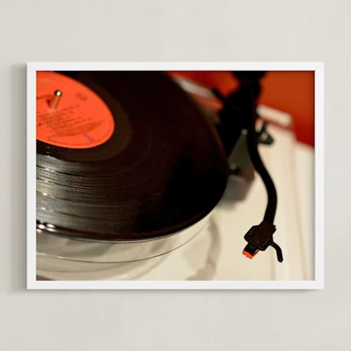 This is a retro red kids wall art with standard by Jonathan Brooks called put the needle on the record