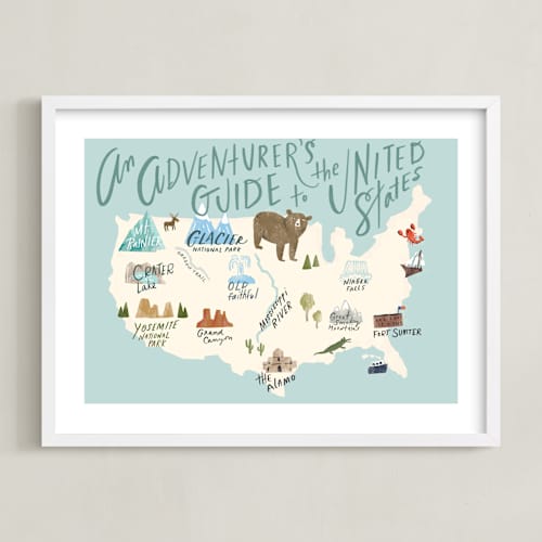 This is a blue art with standard by Hannah Williams called adventurer's guide