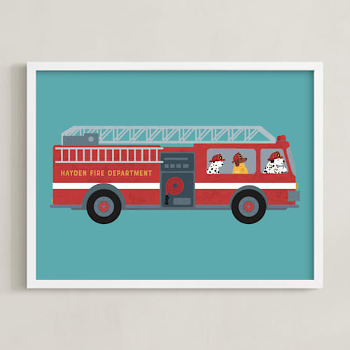 This is a turquoise blue nursery wall art with standard by Jenna Holcomb called firefighter dogs