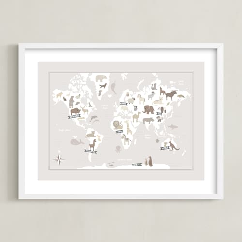 This is a beige nursery wall art with standard by Jessie Steury called animal world map