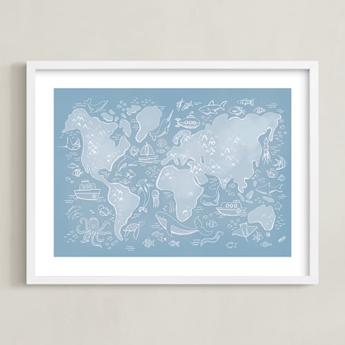 This is a sea nursery wall art with standard by Jessie Steury called sea life world map