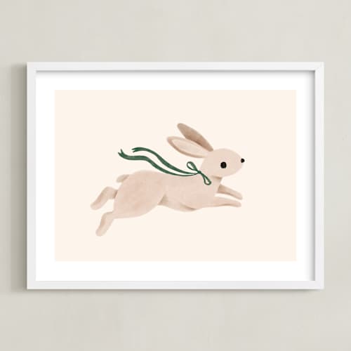 This is a hunter green nursery wall art with standard by Vivian Yiwing called rabbit with bow