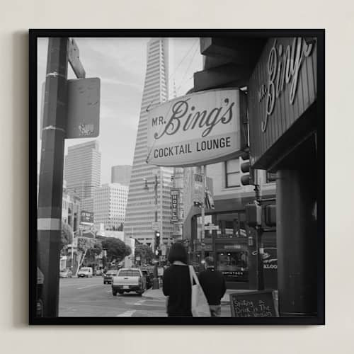 This is a black art with standard by Austin Warnock called mr bings cocktail lounge