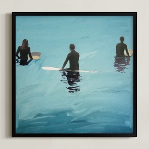 This is a pacific ocean emerald art with standard by Annie Seaton called 3 surfers waiting, venice pier