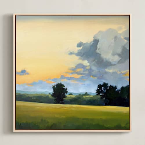 This is a copper sunrise art with standard by Stephanie Goos Johnson called henry's fields