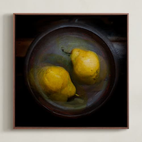 This is a juicy yellow art with standard by mark kirsch called two pears in a wooden bowl