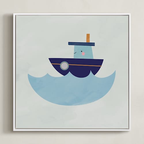 This is a blue kids wall art with standard by Lori Wemple called vehicles boat