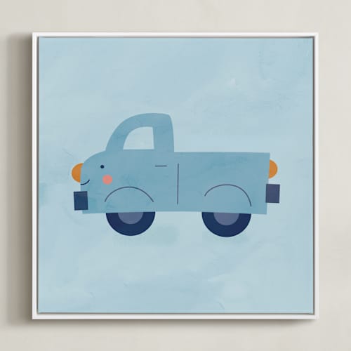 This is a blue kids wall art with standard by Lori Wemple called vehicles truck