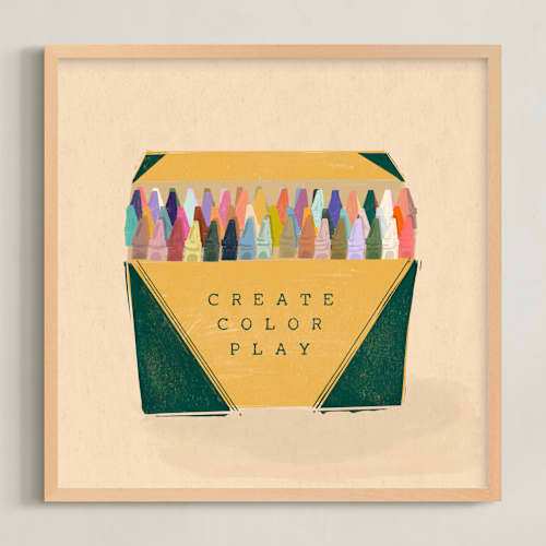 This is a emerald green kids wall art with standard by Erum Khalili Art called vintage crayon box - things we kept