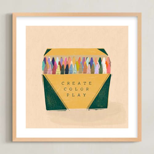 This is a emerald green kids wall art with standard by Erum Khalili Art called vintage crayon box - things we kept