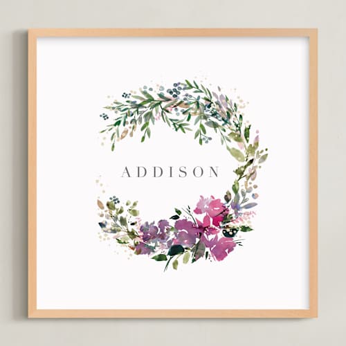 This is a magenta nursery wall art with standard by Lori Wemple called botanical name wreath