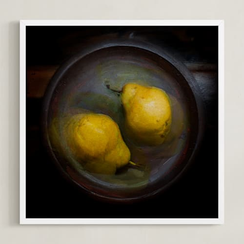 This is a juicy yellow art with standard by mark kirsch called two pears in a wooden bowl