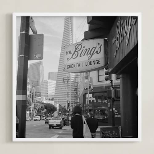 This is a black art with standard by Austin Warnock called mr bings cocktail lounge