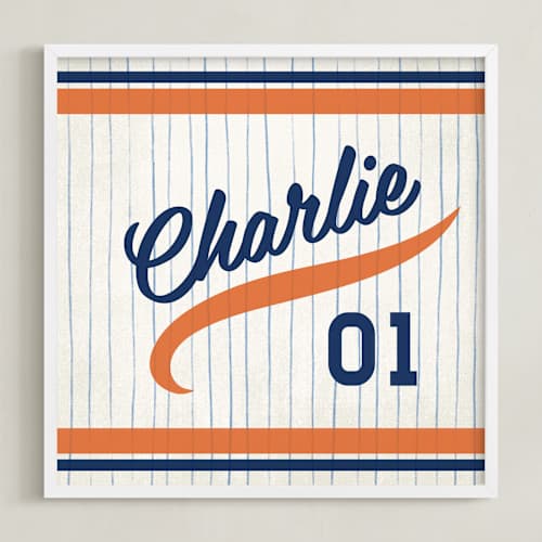 This is a orange/navy personalized art for kids with standard by Jessie Steury called vintage jersey - orange/navy