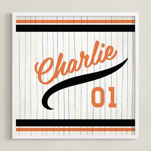 This is a orange/black personalized art for kids with standard by Jessie Steury called vintage jersey - orange/black