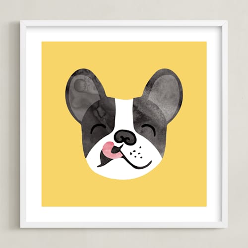 This is a sunny yellow kids wall art with standard by Tayler Mitchell called little pup