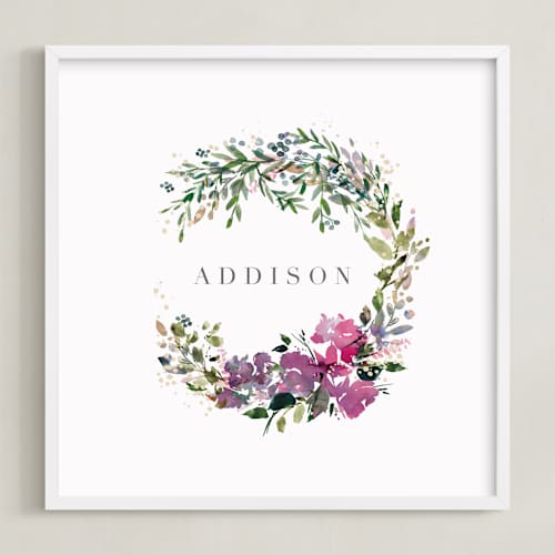 This is a magenta nursery wall art with standard by Lori Wemple called botanical name wreath