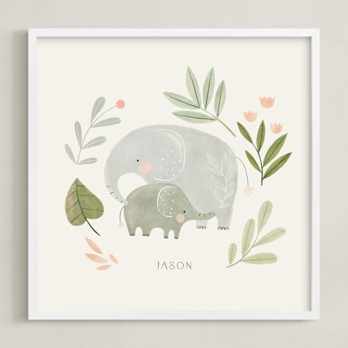 This is a soft sage green nursery wall art with standard by Tati Abaurre called elephant duo