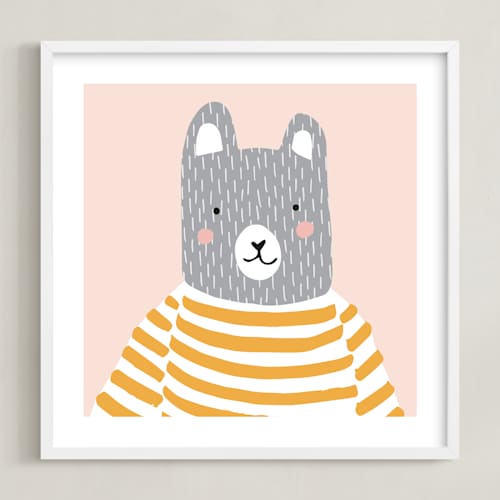 This is a pale pink and mustard nursery wall art with standard by Megan Monismith called stripe top bear