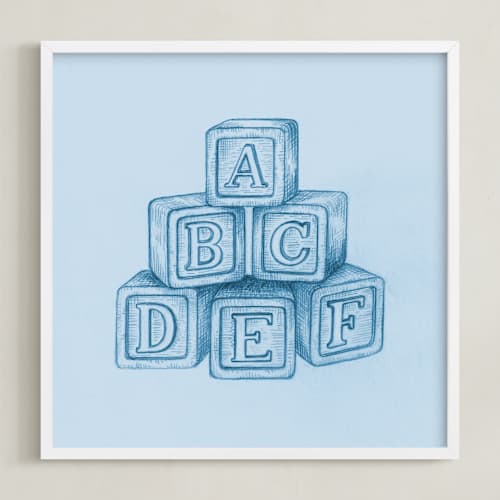 This is a blue nursery wall art with standard by Anna Black called vintage toys 2