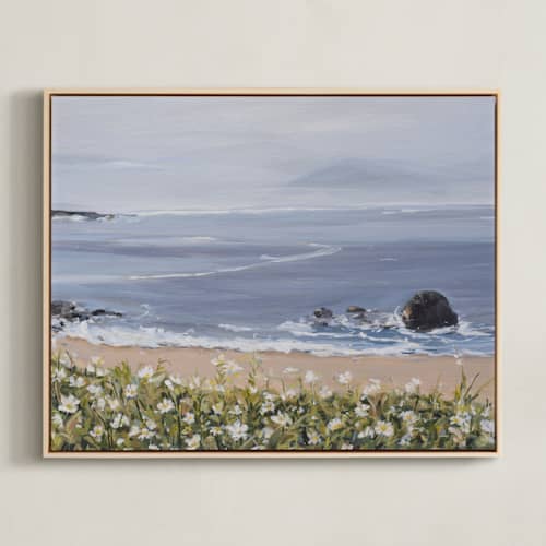 This is a dusty blue art with standard by Arohika Verma called seaside daisies