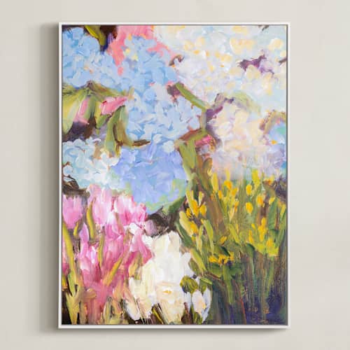 This is a lavender blue art with standard by Jacquelyn Sloane Siklos called hydrangeas at the market