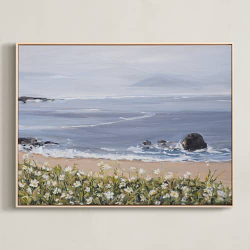 This is a dusty blue art with standard by Arohika Verma called seaside daisies