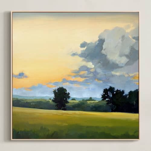 This is a copper sunrise art with standard by Stephanie Goos Johnson called henry's fields