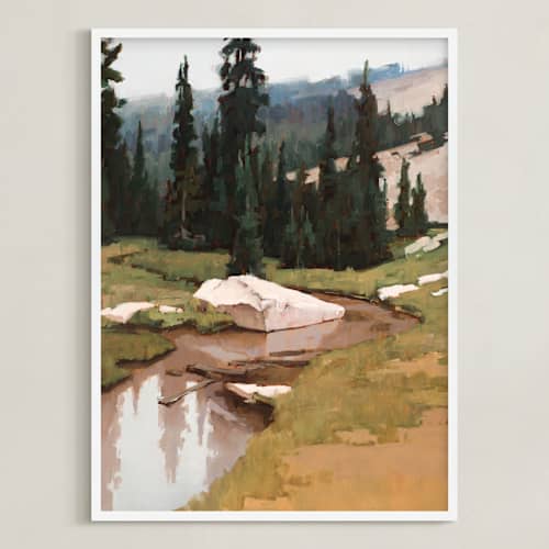 This is a river bank art with standard by Rachel Nelson called timberline runoff