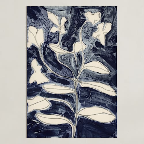This is a indigo blue art with standard by Deborah Velasquez called petals on indigo