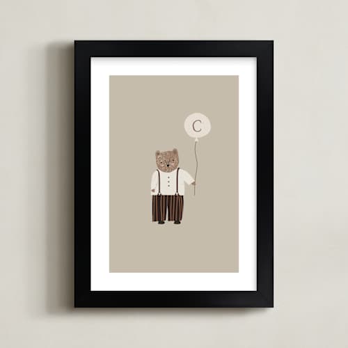 This is a tan nursery wall art with standard by Angela Thompson called balloon bear