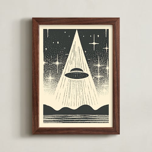 This is a galactic gray kids wall art with standard by Roseanne Kenny called ufo encounters: nostalgic retro woodcut