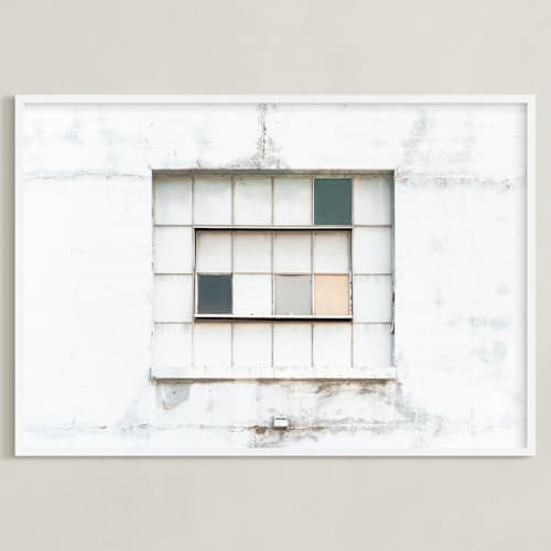 This is a distressed white art with standard by Kamala Nahas called industrial window