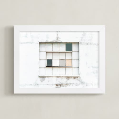This is a distressed white art with standard by Kamala Nahas called industrial window