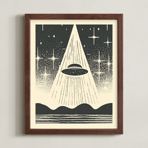 This is a galactic gray kids wall art with standard by Roseanne Kenny called ufo encounters: nostalgic retro woodcut