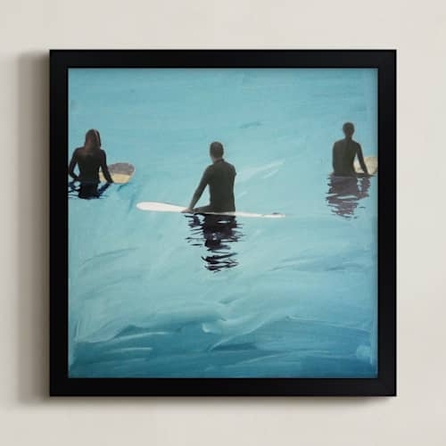 This is a pacific ocean emerald art with standard by Annie Seaton called 3 surfers waiting, venice pier
