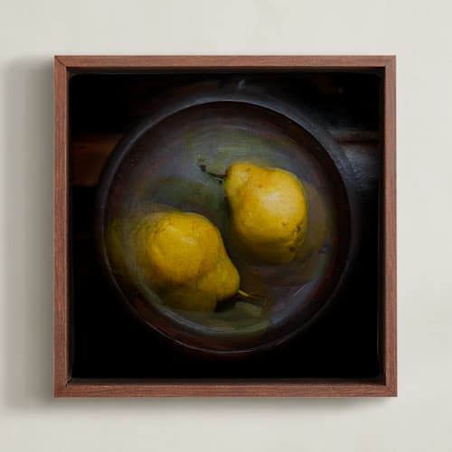 This is a juicy yellow art with standard by mark kirsch called two pears in a wooden bowl