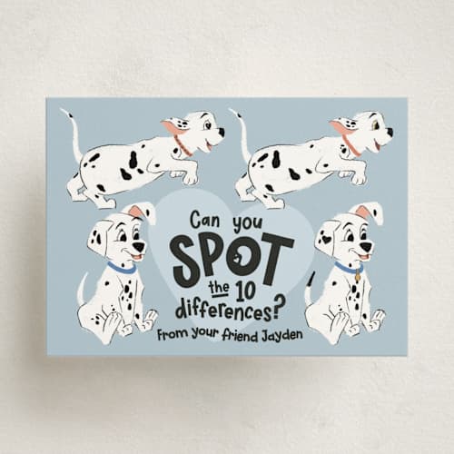 This is a barking blueberry kids valentines day cards with standard by Kelsey Mucci called disney's spot the difference printing on signature in standard