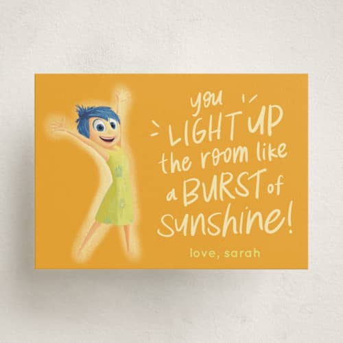 This is a sunshine kids valentines day cards with standard by Annie Montgomery called disney and pixar's joy burst of sunshine printing on signature in standard