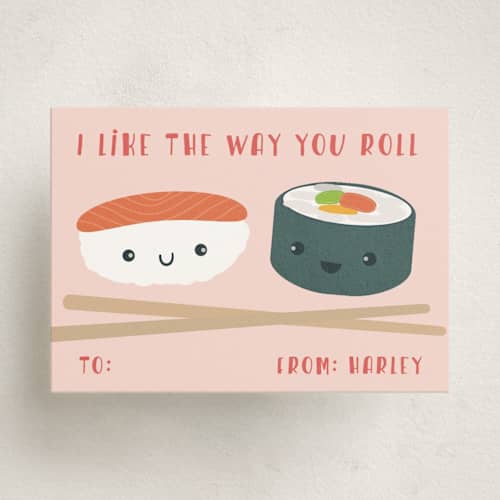 This is a peachy kids valentines day cards with standard by Annie Holmquist called sushi love printing on signature in standard