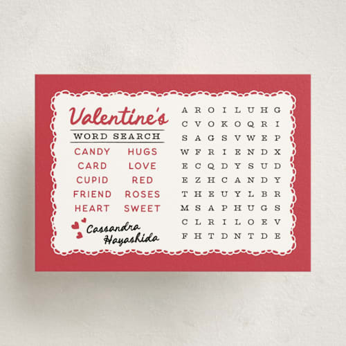 This is a strawberry kids valentines day cards with standard by Kamala Nahas called word search printing on signature in standard