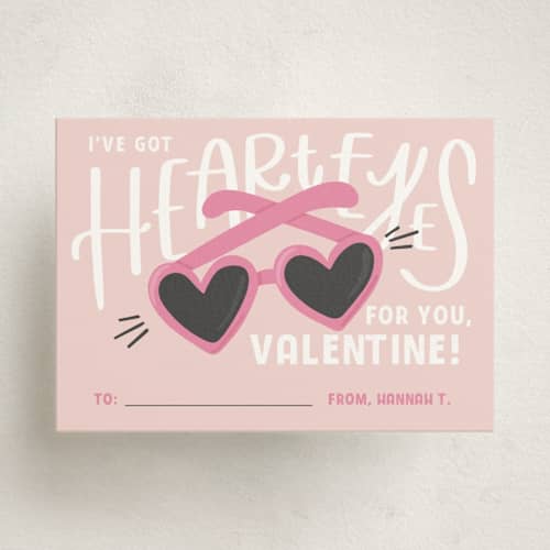 This is a bubblegum kids valentines day cards with standard by Olivia Goree called heart eyes sunglasses printing on signature in standard