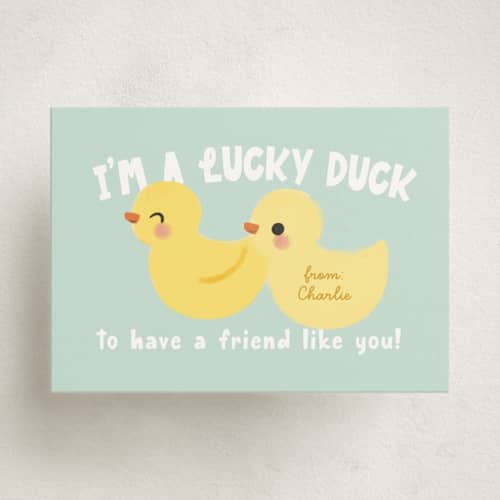 This is a sea kids valentines day cards with standard by Itsy Belle Studio called lucky duck printing on signature in standard