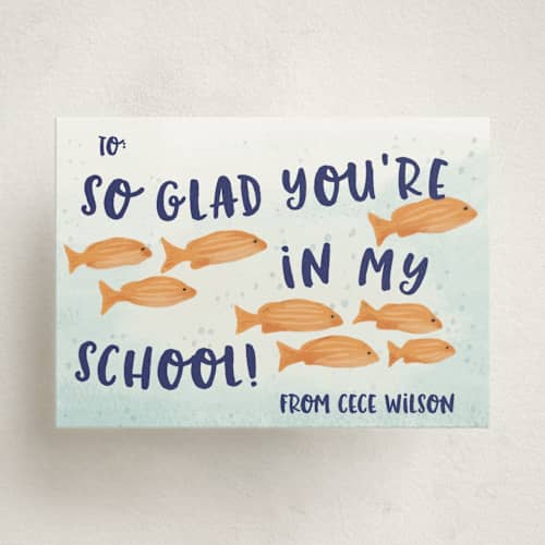 This is a goldfish kids valentines day cards with standard by Shiny Penny Studio called fish school printing on signature in standard