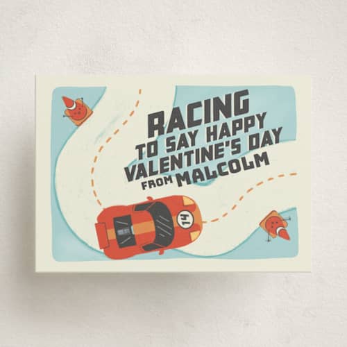 This is a cardinal kids valentines day cards with standard by Kelsey Mucci called race with friends printing on signature in standard