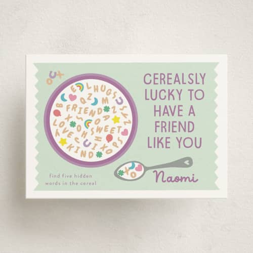 This is a mint kids valentines day cards with standard by Annie Holmquist called so lucky printing on signature in standard